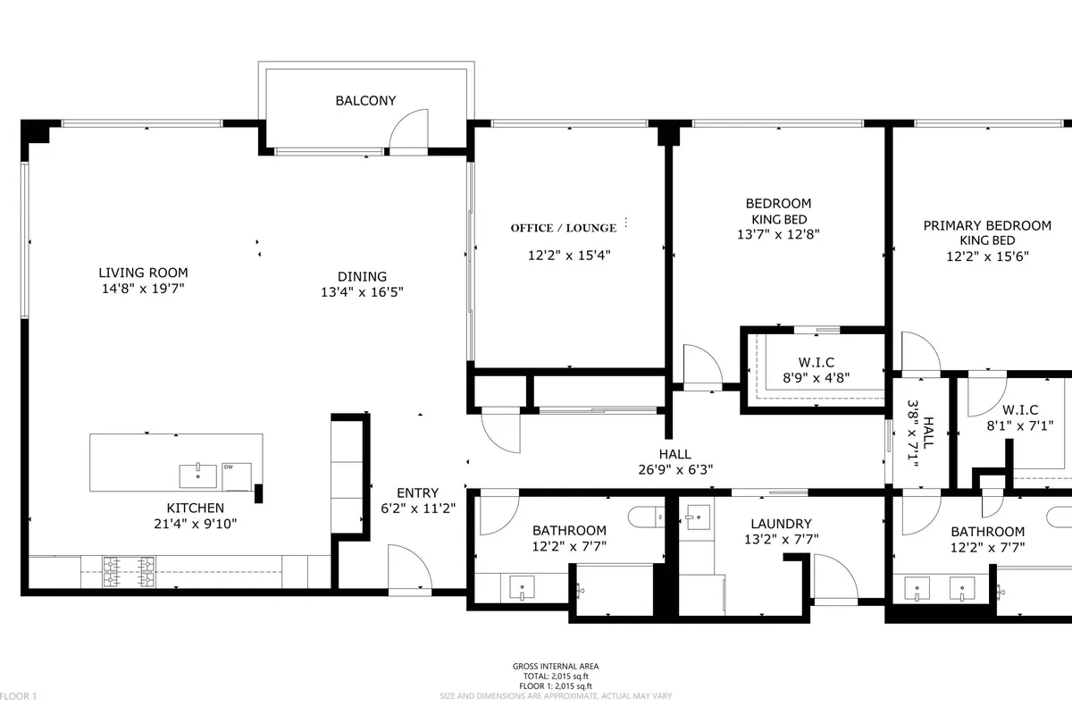 A wide-angle interior shot displaying the open living room, dining area, modern kitchen, cozy primary bedroom, and inviting balcony. The space feels airy, bright, and conducive to both relaxation and productivity.